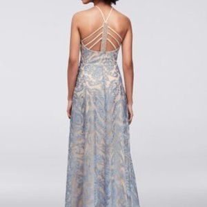 NWOT Embroidered Illusion Halter Gown with Strappy back